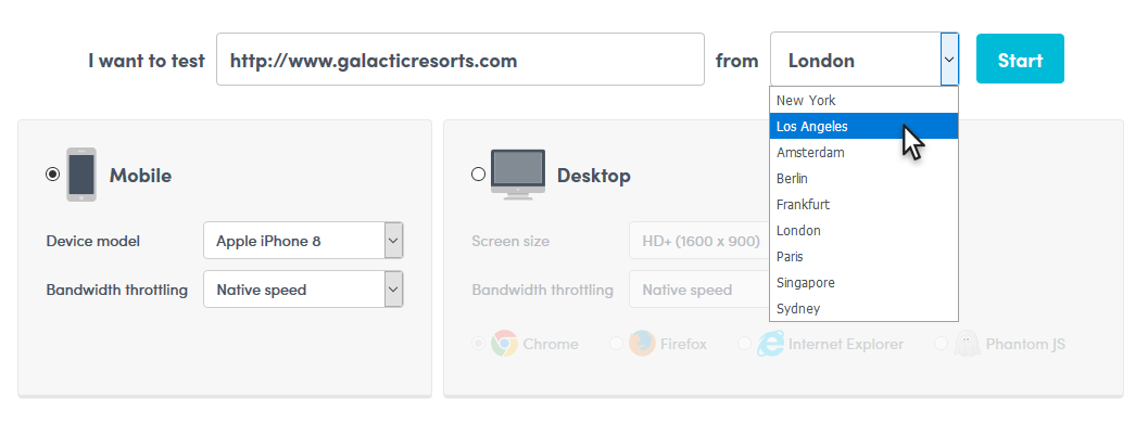 Checkpoint selection on the website speed test tool