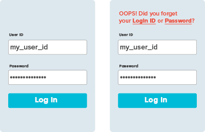 Screenshot: Unhappy path for incorrect user id or password