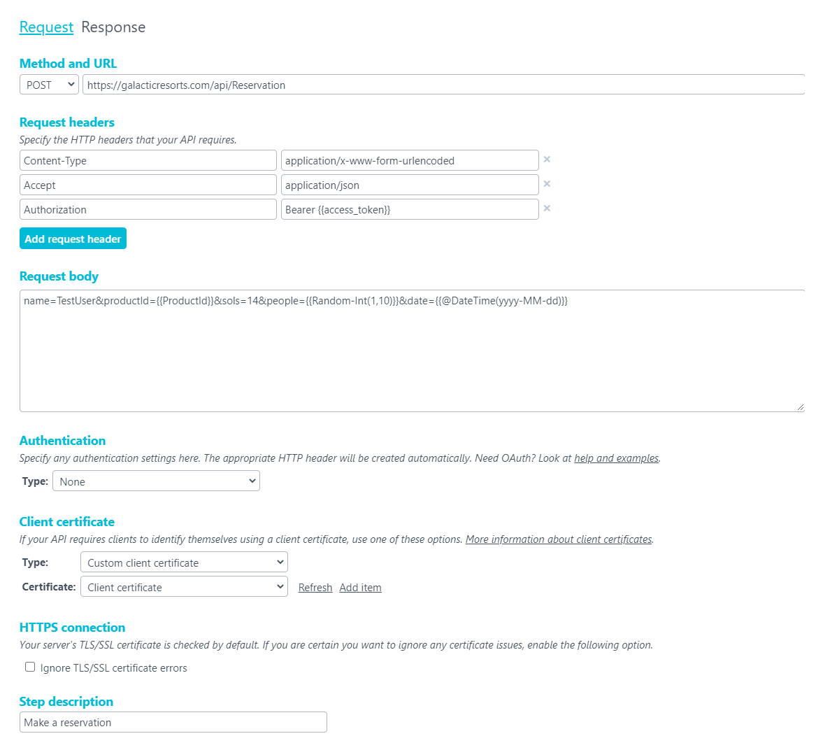 Screenshot: Request setup