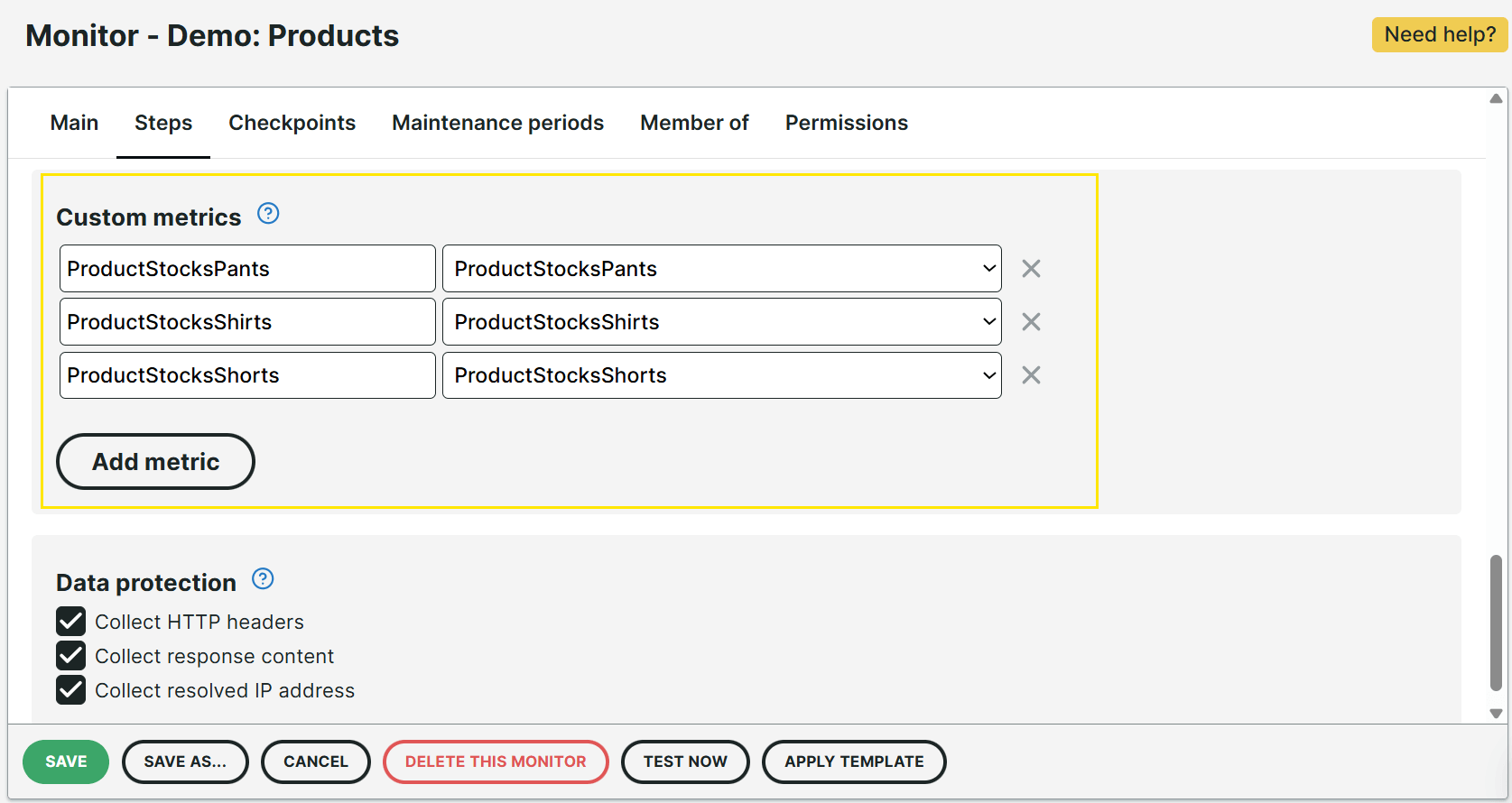 Custom metrics products variable