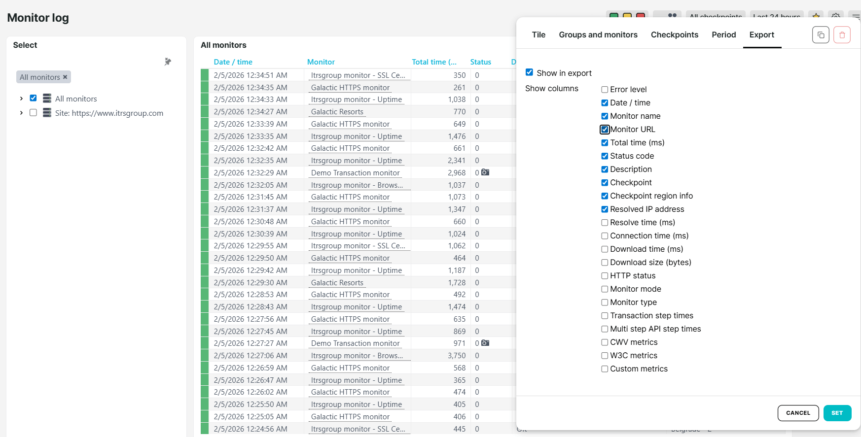 Monitor URL in the Monitor log export tab