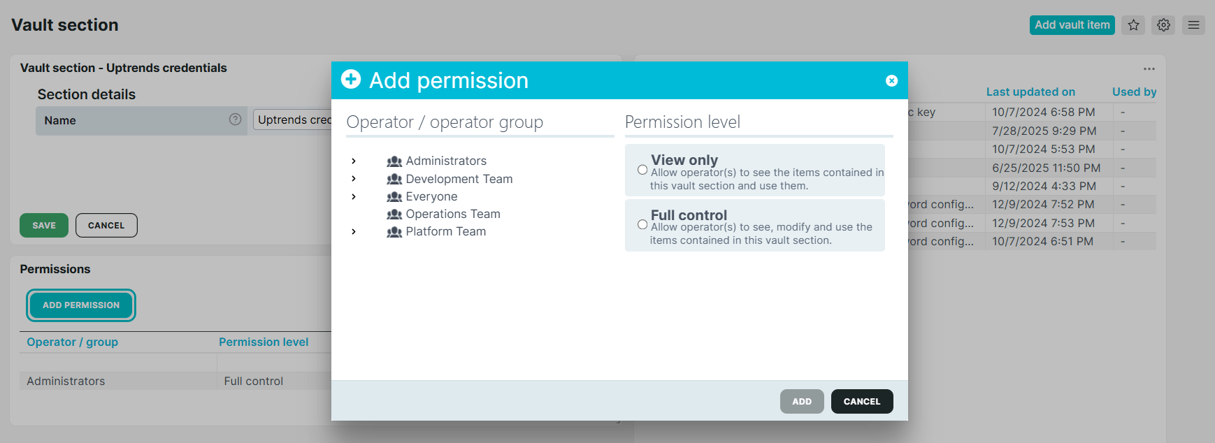 Vault permissions