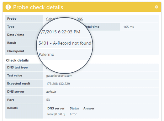 Check details tile showing a DNS issue